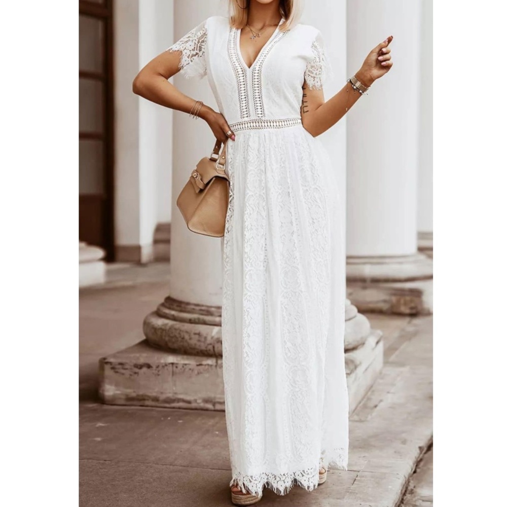 NWT White V-Neck Floral Lace Maxi Dress Size XL